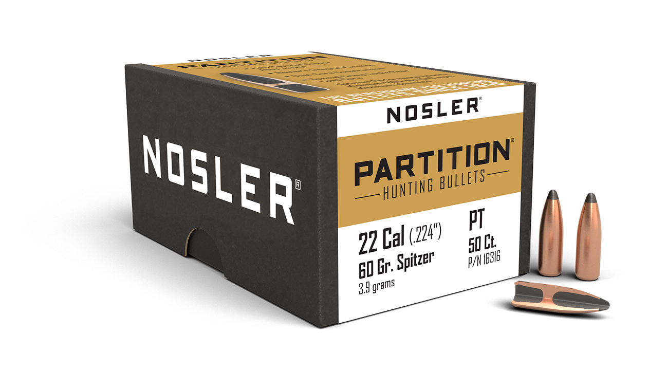 Nosler Partition 22 Caliber (224 Diameter) 60 Grain Spitzer (50pk)