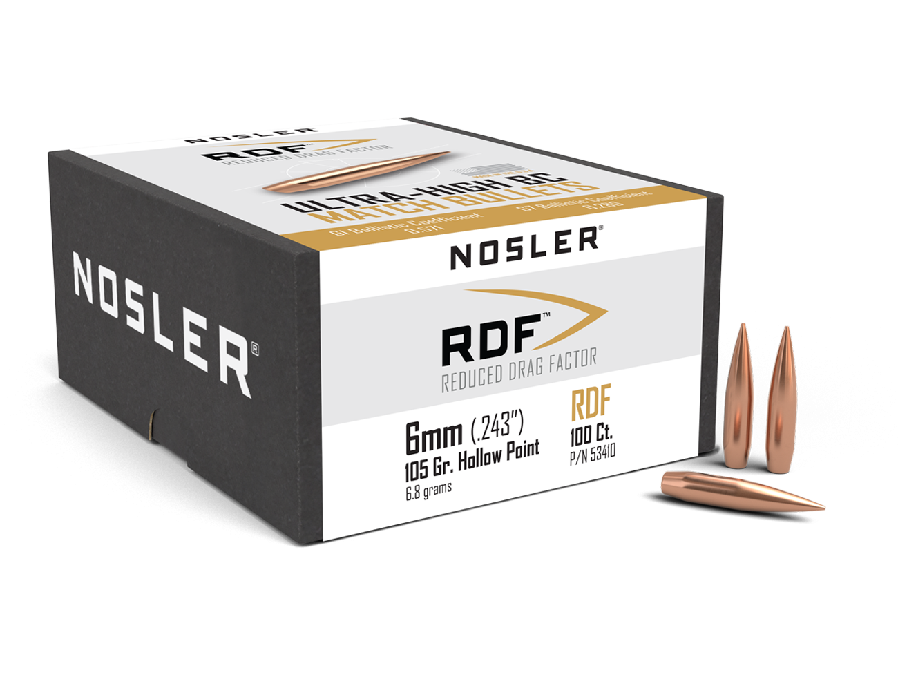 Nosler RDF Bullets 6mm (243 Diameter) 105 Grain Hollow Point Boat Tail (100pk)
