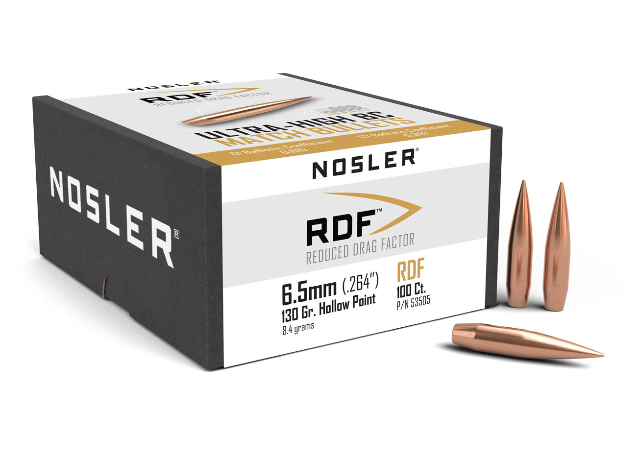 Nosler RDF Bullets 6.5mm (264 Diameter) 130 Grain Hollow Point Boat Tail (100Pk)