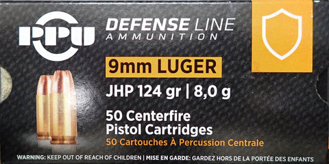 PPU Defence Line Ammunition 9MM 115 Grain Jacketed Hollow Point (50pk)
