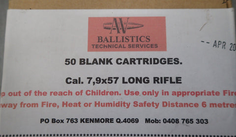AV Ballistics Ammunition 7.9x57 (8x57) Long Rifle Crimped  Blank Cartridges (50pk)