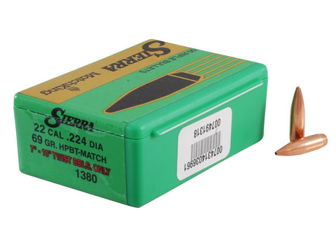 Sierra MatchKing Bullets 22 Caliber (224 Diameter) 69 Grain Hollow Point Boat Tail (500Pk)