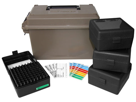 MTM Ammo Can Combo 50 Caliber Plastic Dark Earth with 4 Flip-Top Ammo Boxes 22-250 Remington, 243 Winchester, 308 Winchester 100-Round Plastic Black