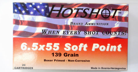 Hotshot Ammunition 6.5x55 139 Grain Soft Point Boxer Primed (20pk)