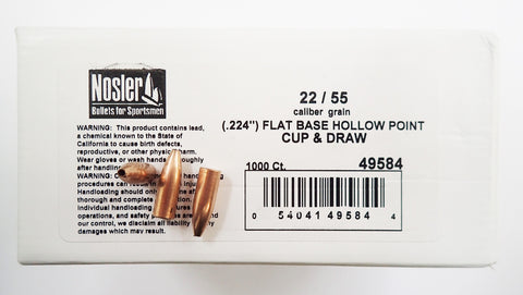 Nosler 22 Cal (.224" Diameter) 55 Grain Shots Hollow Point Flat Base (1000pk)