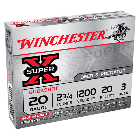 Winchester Super-X 20 Gauge Ammunition 2-3/4" 20 Pellet  #3 Buck  (5pk) (XB203)